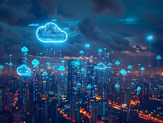 Futuristic Cityscape with Seamless Cloud Connectivity Icons Across the Urban Landscape