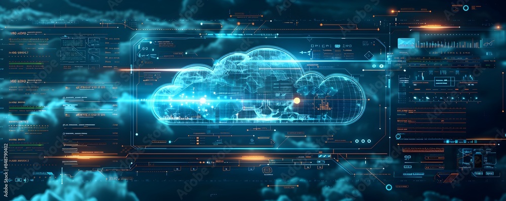 Poster futuristic cloud service dashboard showcasing uptime storage and data transfer metrics