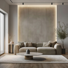 Modern luxury minimalist interior design. Aesthetic modern elegant living room design. Copy space mock up. Clean walls for decoration in the apartment. Neutral palette of natural colors.