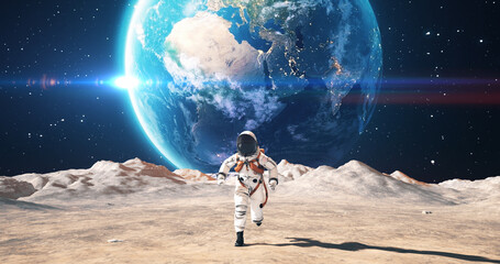 Astronaut Running On A Planet Surface. Making First Steps. Planet Mars Colonization Concept. Space Related Majestic Scene.