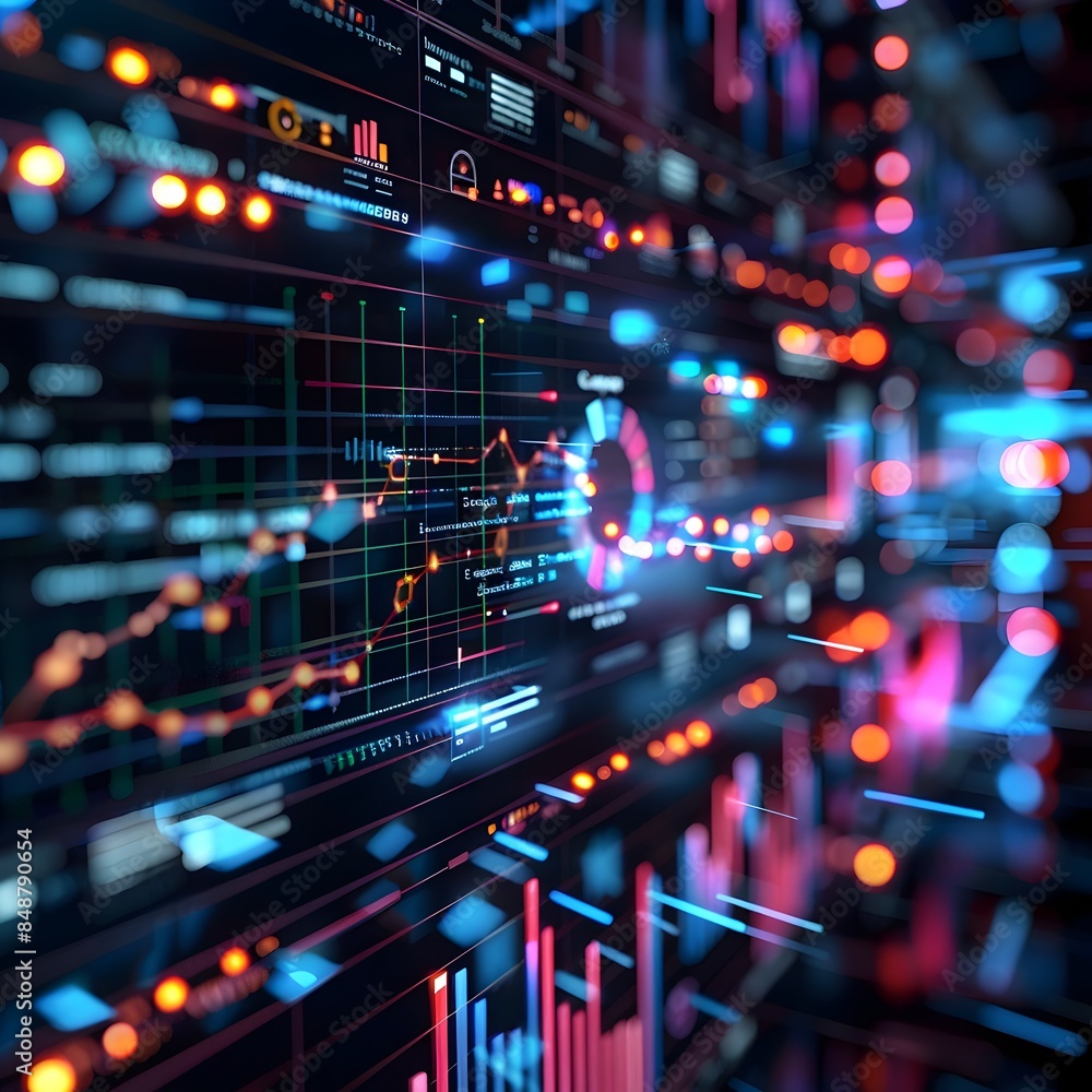 Poster digital data streaming across network with business graphs and charts on multiple screens