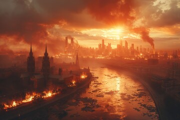 Obraz premium Post-apocalyptic city skyline with burning buildings and smoky skies during a dramatic sunset, with a river running through the heart of the dystopian urban landscapepost-apocalyptic