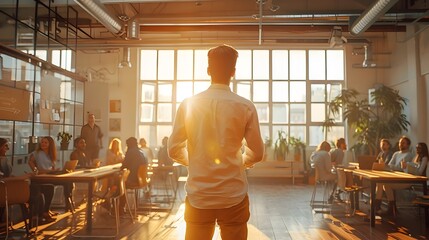 Businessperson Hosting Town Hall Meeting in Open Plan Office Space