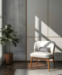 Modern luxury minimalist interior design. Aesthetic modern elegant living room design. Copy space mock up. Clean walls for decoration in the apartment. Neutral palette of natural colors.