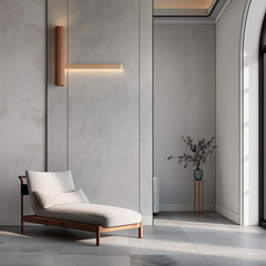 Modern luxury minimalist interior design. Aesthetic modern elegant living room design. Copy space mock up. Clean walls for decoration in the apartment. Neutral palette of natural colors.