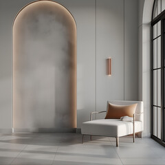 Modern luxury minimalist interior design. Aesthetic modern elegant living room design. Copy space mock up. Clean walls for decoration in the apartment. Neutral palette of natural colors.