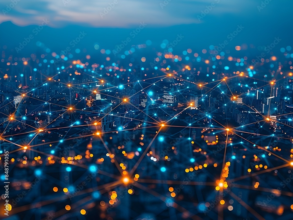 Aufkleber illuminated digital communication networks overlaying a cityscape representing interconnected busine