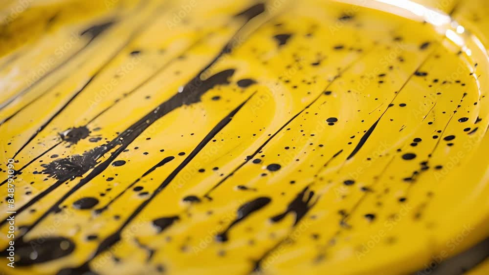 Poster a zoomedin shot of a yellow glazed plate capturing the delicate brush strokes and paint splatters th
