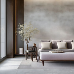 Modern luxury minimalist interior design. Aesthetic modern elegant living room design. Copy space mock up. Clean walls for decoration in the apartment. Neutral palette of natural colors.