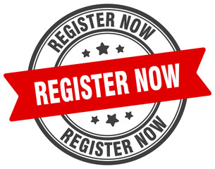 register now stamp. register now label on transparent background. round sign