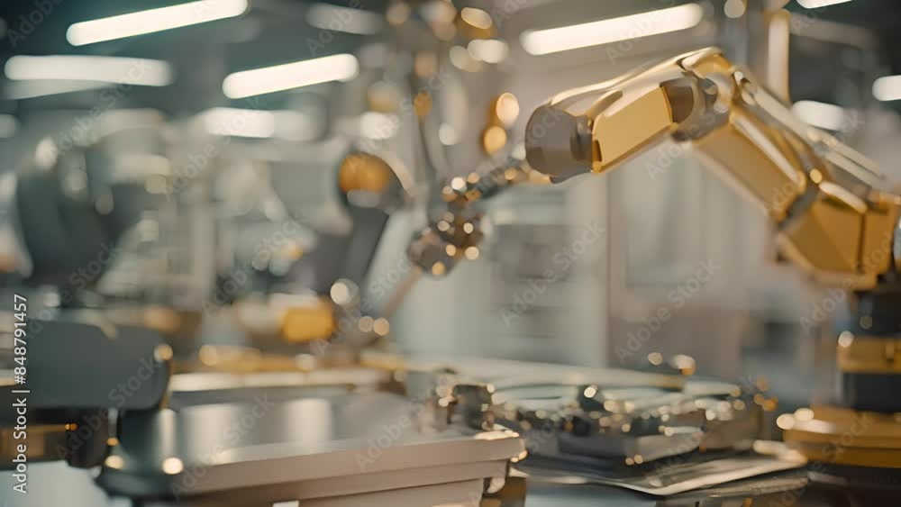 Poster industrial robot arm in a factory setting generative ai