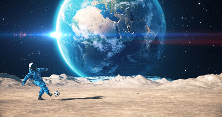 Astronaut On An Alien Planet Playing Soccer. Space Related Majestic Scene.