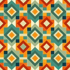 Seamless pattern of overlapping squares and rectangles in a retro-inspired color palette, reminiscent of vintage wallpaper designs, Generative AI