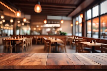 Wooden table top with blur background of restaurant interior. generative ai