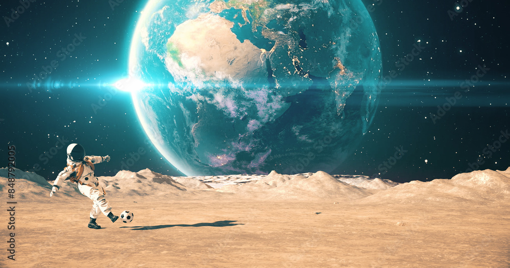 Wall mural brave male astronaut on the surface of an alien planet playing soccer. shooting slowly. space relate