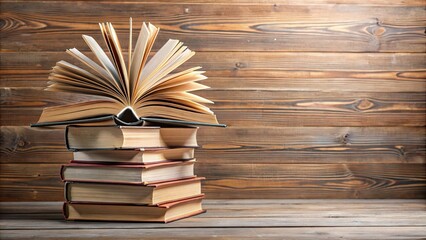 Fototapeta premium Open book with pages fanned out on top of stacked books on wooden shelves.
