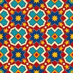 Seamless pattern of repeating geometric patterns inspired by traditional Moroccan tile designs, with intricate patterns and rich colors, Generative AI