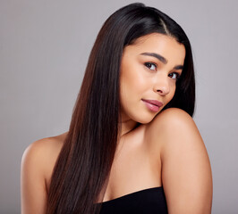 Shine, girl and portrait in studio for hair care or routine, hairstyle and scalp treatment. Woman,...