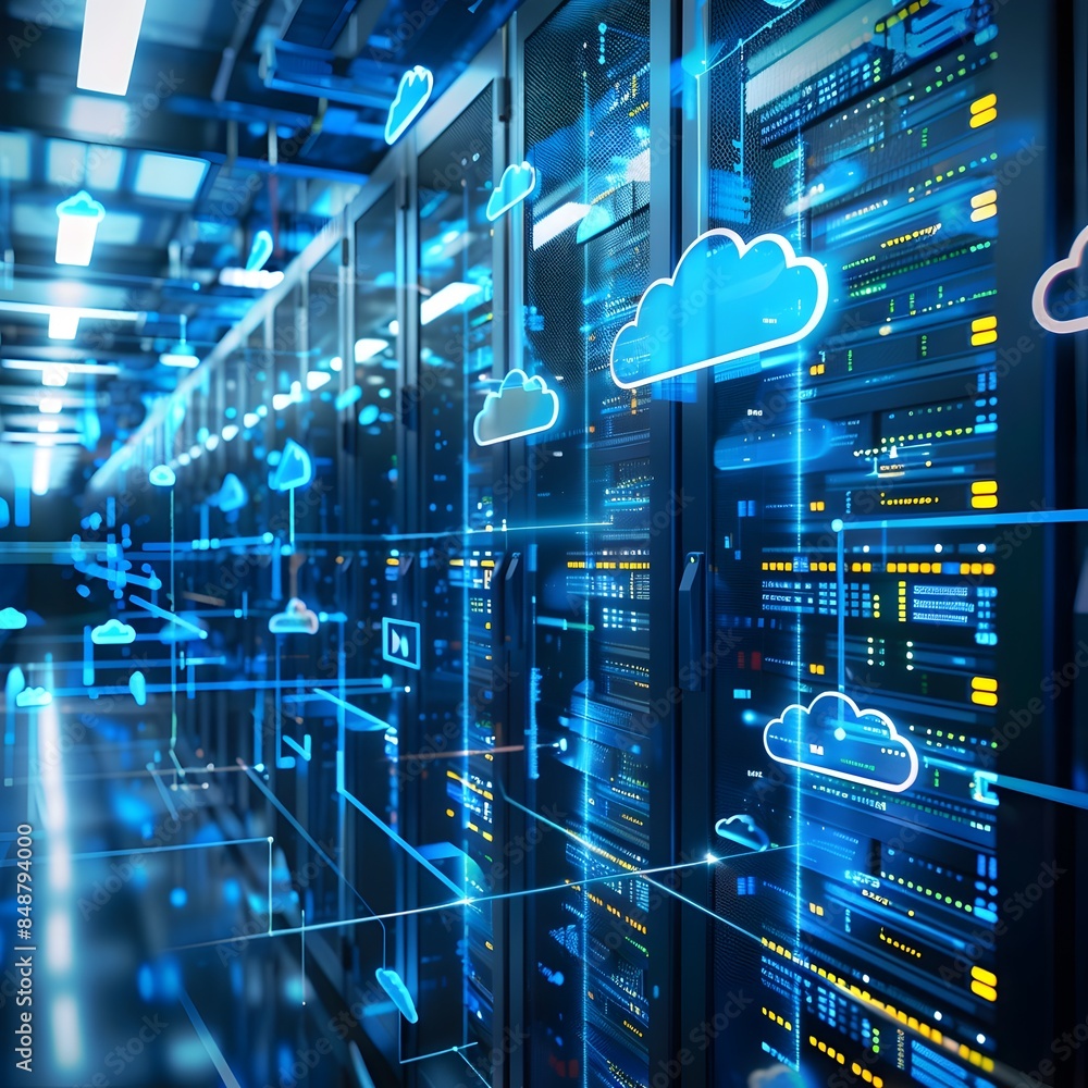 Poster futuristic data center with glowing servers and cloud computing concepts