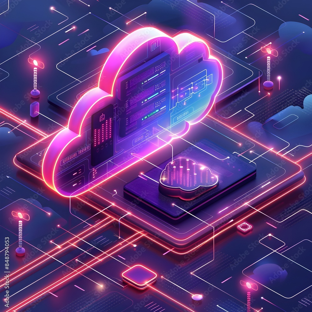 Poster hybrid cloud computing setup with secure connections and digital infrastructure