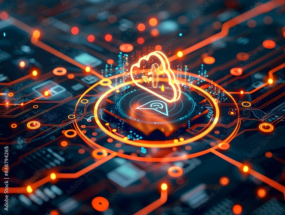 Poster cloud security visualization with firewalls and encryption icons ensuring data safety in the cloud c