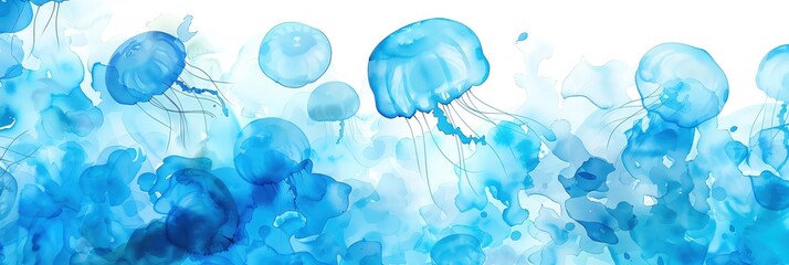 Abstract watercolor painting featuring blue jellyfish floating in a sea of vibrant colors, creating a serene underwater scene.