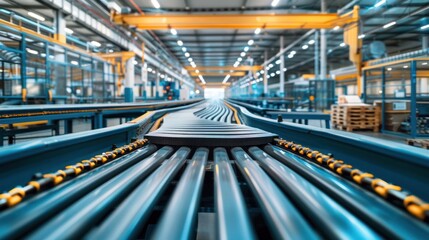 Fototapeta premium A modern smart factory interior with an empty conveyor belt system. Efficient Production Line. Industrial Automation Concept.