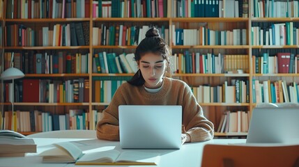 Young woman studying in a library. She is sitting at a desk with a laptop and books open around her. The library setting suggests a quiet and focused study environment. AI