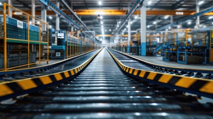 Fototapeta premium A modern smart factory interior with an empty conveyor belt system. Efficient Production Line. Industrial Automation Concept.