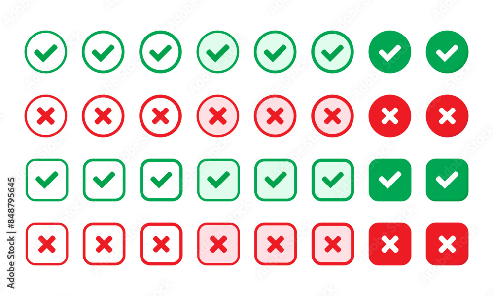 Aufkleber right or wrong icons. green tick and red cross checkmarks. yes or no symbol, approved or rejected ic
