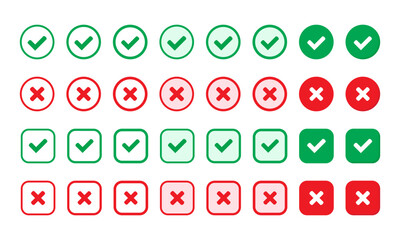 Right or wrong icons. Green tick and red cross checkmarks. Yes or no symbol, approved or rejected icon for user interface.