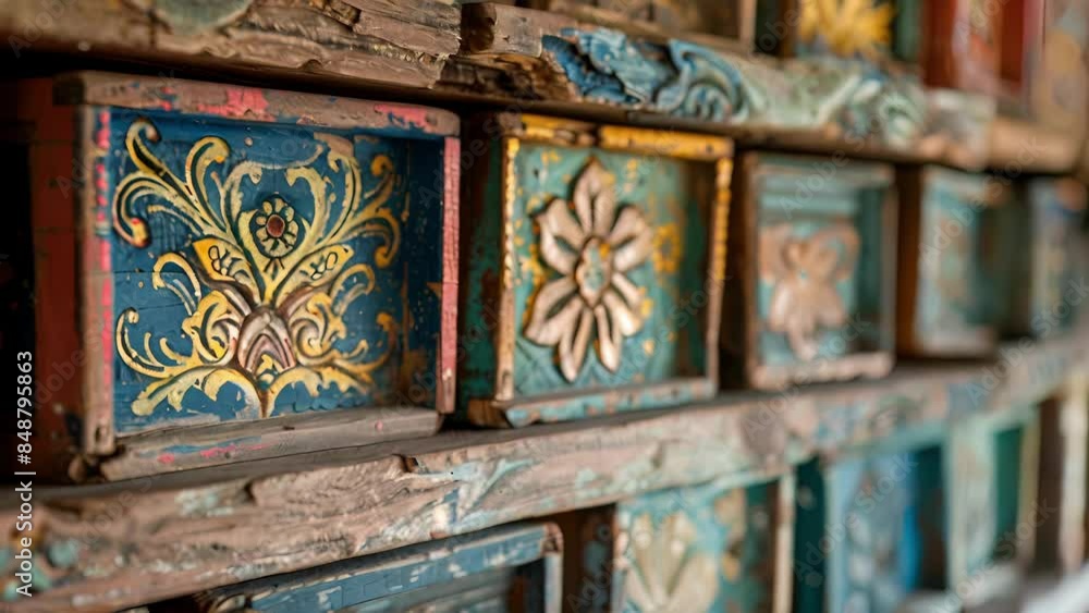 Poster a decorative shelf made from discarded shipping crates displaying intricate carvings and colorful pa