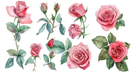 Set of rose watercolor elements , Set of roses and leaves, watercolor clipart, hand drawing, botanical illustration , Watercolor image of a set of rose flowers on a white background , Rose elements 

