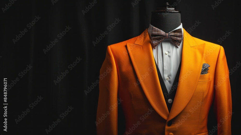 Canvas Prints An orange suit and tuxedo are shown on a mannequin with a black background isolated.