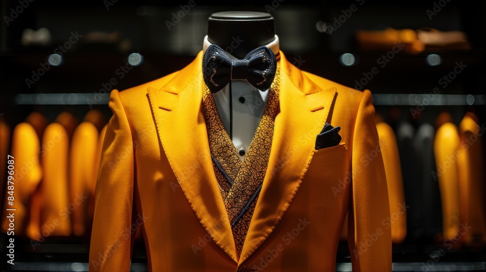 Wall mural An orange suit and tuxedo are shown on a mannequin with a black background isolated. - Wall murals