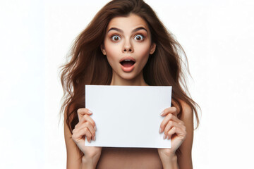 woman holding a white sheet of paper in her hands with a surprised expression