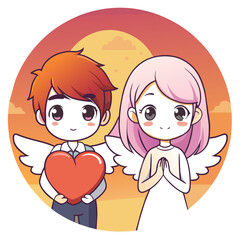 anime love illustration featuring a boy and a girl with angel wings, both holding a heart together. The background should be a sunset sky with a gradient of warm colors