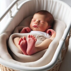 Cute Little Newborn Baby feet Lying in Bassinet in a Maternity Hospital Isolated on white background