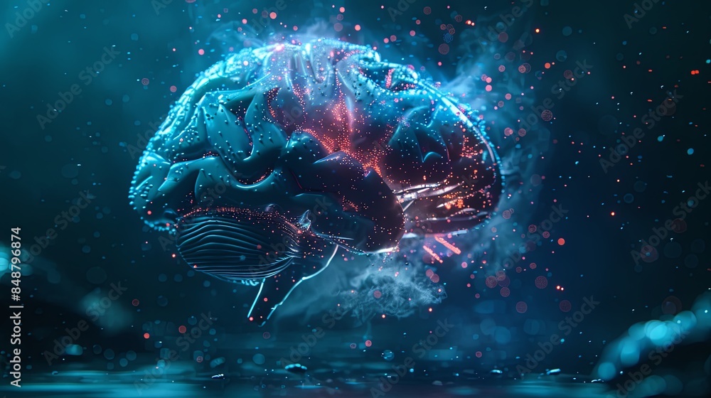 Poster abstract visualization depicting a human brain fused with digital elements, symbolizing the integrat