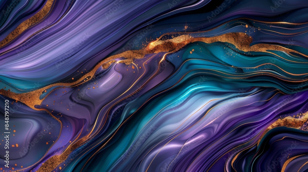 Poster fluid abstract painting featuring swirls of gold and blue colors creating a vibrant and dynamic comp