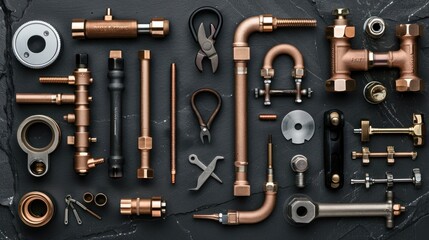 Obraz premium A plumber's tools and plumbing accessories are laid out on a stone black background