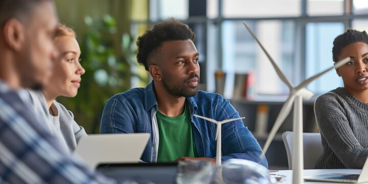 A team with diverse expertise collaborates on sustainable energy solutions, consulting on renewable energy ideas. Meetings promote green technologies in a modern, ecofriendly workplace