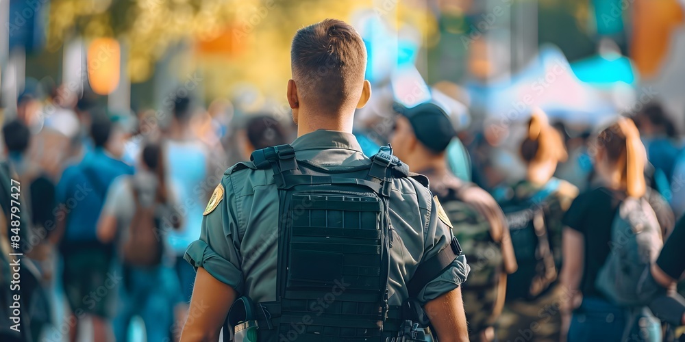 Poster security guard managing crowd at event guiding people enforcing safety protocols. concept event secu