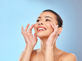 Skincare, thinking and happy woman in studio for beauty, glow and wellness or cosmetics. Model...