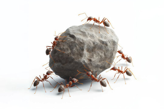 A group of ants working together to carry a stone Isolated on white background