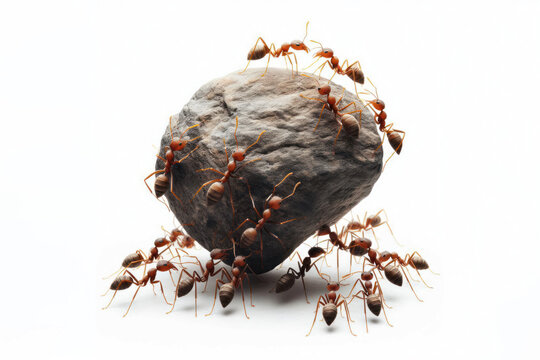 A group of ants working together to carry a stone Isolated on white background