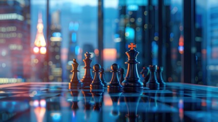 Chess figures on a reflective board in an office, overlay with planning graphs, focus on strategic thinking, soothing evening hues, cityscape through windows