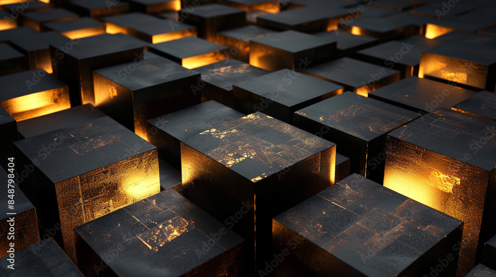 Aufkleber 3d rendering of abstract metallic background with cubes in black and gold colors.