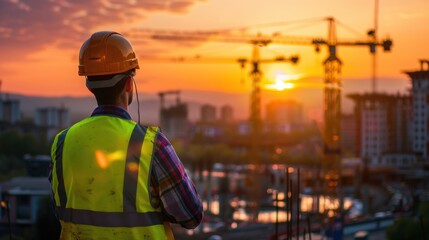 Obraz premium Construction worker in safety gear observing a construction site at sunset, focus on cranes and building framework, urban development scene