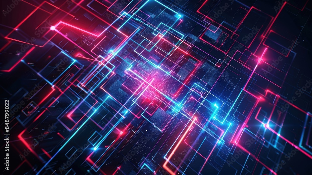 Poster digital abstract background with glowing neon rectangles and squares, blue and red lines on a dark b
